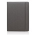 A grey A4 folder with a sleek, textured exterior and a subtle branding logo.