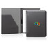 A black A4 executive folder with a grey interior, includes a notepad and a pen, featuring a logo on the front.