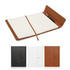 A leather-look A5 notebook journal featuring a magnetic closure, available in brown, black, and white, with a pen.