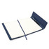 A navy blue A5 notebook journal with a leather-look cover, magnetic closure, and a pen. It features lined pages inside.
