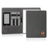 A grey executive tech compendium with document pockets, card slots, a pen, and a notepad. Features a logo.