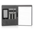 A black executive folder with card slots, a phone holder, a pen, and notepad. Includes a logo.