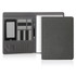 A grey executive tech folder with card slots, a phone pocket, and a lined notepad holder. It includes a pen.