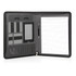 A black A4 executive tech zipper folder featuring pockets, a pen, and ruled notepad. Includes a logo.