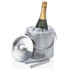 A stainless steel ice bucket with a champagne bottle, filled with ice, and metal tongs beside it.