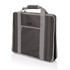 A grey carry bag with a handle and front pocket, featuring a logo on the side.