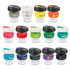 A range of reusable coffee cups in various colours, each with a band and a logo. The cups have black lids.