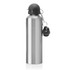 A drink bottle in stainless steel, 750ml capacity, featuring a black cap and a detachable keyring.