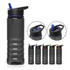 A drink bottle in transparent grey Tritan, featuring a black lid and various coloured straws. Includes a logo.