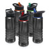 A drink bottle collection featuring five grey Tritan bottles with various coloured lids: black, orange, green, and blue.