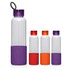 A drink bottle set featuring a clear glass design with purple, red, and orange silicone bases and matching lids.