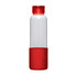 A drink bottle with a transparent body, red cap, and red textured base. Features a logo.