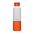 A drink bottle with a clear body and orange silicone base and lid, featuring a logo. Holds 600ml.