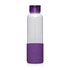 A drink bottle with a clear body and a purple silicone base, featuring a textured design, holds 600ml.