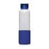 A drink bottle featuring a clear body and a navy blue silicone base, with a blue screw cap and a logo.