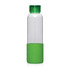 A drink bottle with a clear body and a green silicone base, featuring a green screw-on lid.