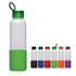 A drink bottle with a clear body, green lid and grip, alongside seven other bottles in various colours.