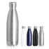 A drink bottle in stainless steel, featuring four additional bottles in white, navy, black, and silver. Each has a logo.