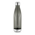 A drink bottle in smoke grey with a silver lid and base, featuring a simple design and logo.