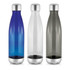 A drink bottle set featuring three colours: blue, clear, and green, with silver bases and caps. Each bottle has a logo.