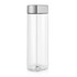 A drink bottle made of clear Tritan material with a silver screw-top lid. It has a flat-sided design.
