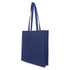 A navy blue non-woven tote bag with a gusset and long handles, featuring a logo.