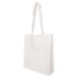 A white non-woven tote bag with a gusset and long handles, featuring a logo.