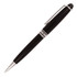 A black ballpoint pen with silver accents and a clip, featuring a polished finish and a sleek design.