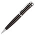 A sleek black metal ballpoint pen with silver accents and a clip, featuring a polished surface and modern design.