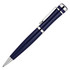A metal ballpoint pen in a deep navy blue colour with silver accents and a branding logo.
