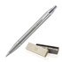 A brushed stainless steel ballpoint pen is displayed alongside a sleek box, featuring a subtle logo.