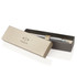 A brushed stainless steel ballpoint pen in a beige box with a branding logo.
