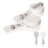 A white retractable badge holder featuring a clip and clear strap, with a round design and metallic elements.