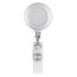 A silver retractable badge holder with a plastic clip and a swivel design on top.