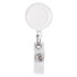 A white retractable badge holder with a clear strap and a silver snap fastening. It features a round, smooth head.