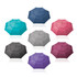 A collection of eight 54cm folding wind-vented umbrellas in teal, navy, pink, grey, black, and purple, featuring a logo.