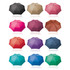 A series of 12 umbrellas in various colours including black, pink, red, purple, and teal, featuring a logo.