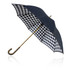 A black and white check patterned umbrella with a brass handle and a double canopy design. It features a branding logo.