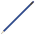 A blue pencil with a sharpened tip and a coloured eraser on the end, featuring a black band.