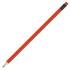 A red pencil with a sharpened tip and a black eraser at the end, featuring a logo on the eraser.