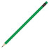 A green pencil with a sharpened tip and a black eraser at the end, featuring a logo.