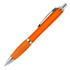 An orange ballpoint pen with a transparent barrel and a silver clip. It features a smooth grip section.