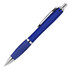 A blue ballpoint pen with a transparent grip and silver accents. It includes a clip and retractable mechanism.