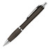 A ballpoint pen featuring a transparent dark grey barrel and silver accents, with a clip for easy attachment.