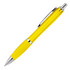 A transparent yellow ballpoint pen with a silver clip and tip. It features a branding logo.