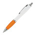 A ballpoint pen with a white barrel and orange grip, featuring a shiny metallic clip and tip.