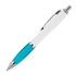 A ballpoint pen featuring a white body and a turquoise grip, with a silver clip and tip. It has a logo.