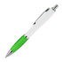 A ballpoint pen in white and green, featuring a silver clip and tip. The pen has a smooth finish and a branding logo.