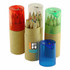 A set of coloured pencils in transparent tubes, featuring red, green, blue, and clear caps, with a branded central tube.