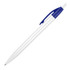 A ballpoint pen with a white barrel and blue clip, featuring a smooth tip and a simple design.